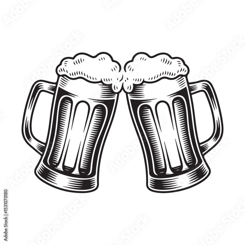 Two glass of beer cheers sketch engraving black and white outline. Scratch board imitation vactor 