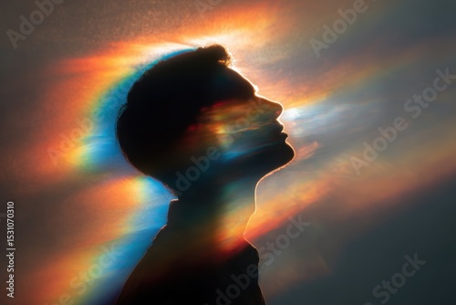 silhouette of person in soft rainbow aura, emotional healing mood