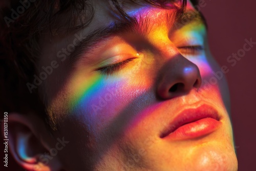 closed eyes, calm expression, pride-colored light around face