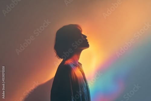 silhouette of person in soft rainbow aura, emotional healing mood