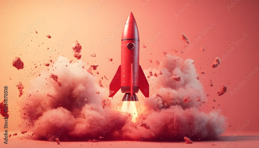 Fototapeta premium Pixelated red rocket launching with explosion of particles and smoke against an orange-red backdrop conveying themes of progress and innovation. The image uses warm lighting.