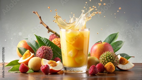 Refreshing Fruit Juice Splash with Assorted Tropical Fruits and Berries in a Glass