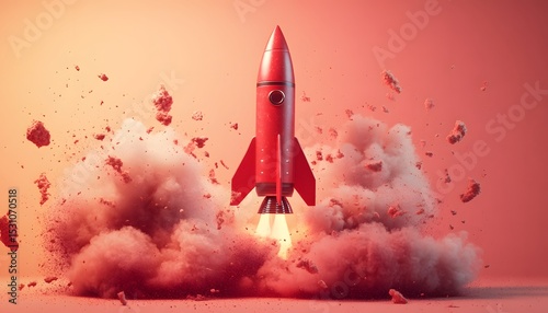 Pixelated red rocket launching with explosion of particles and smoke against an orange-red backdrop conveying themes of progress and innovation. The image uses warm lighting.