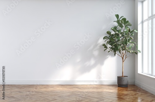 White wall interior design with plant and wood floor home decor and bright window light modern minimalist style