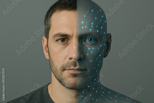 Half-human, half-AI face split vertically