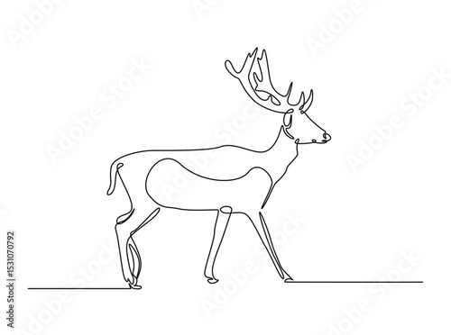 Wild deer single outline illustration. Continuous line art drawing of deer. Editable stroke.