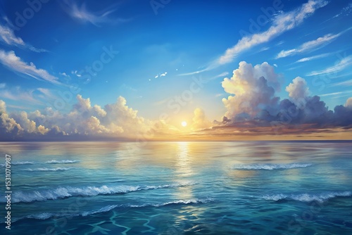 Stunning Summer Ocean Sunset Horizon View with Serene Sky and Calm Waves
