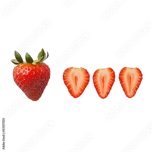 Whole strawberry and three halves isolated on transparent background