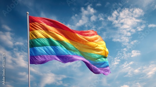 rainbow flag waving under clear blue sky, soft wind motion, white clouds background, realistic clean tone
