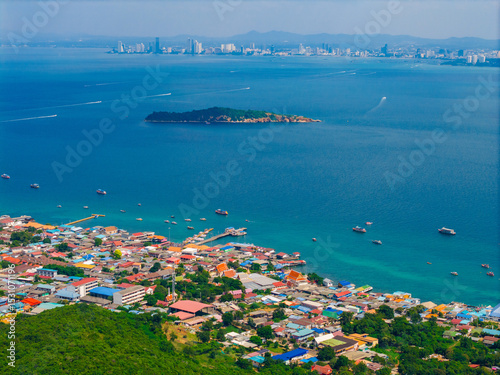 Aerial Top view Na Baan pier on Koh Larn island, Pattaya Thailand photo