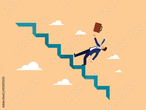 Businessman Falling Down Broken Stairs Vector Illustration of Failure and Setback