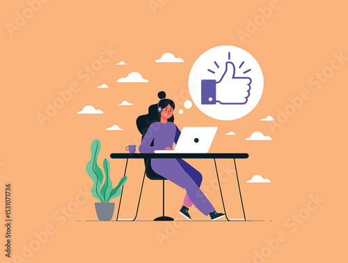 Happy Customer Service Agent Working on Laptop, Positive Feedback