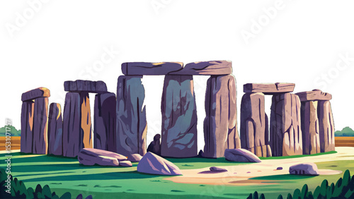 Vector illustration of Stonehenge megalithic monument at sunset, showcasing ancient stone architecture and cultural heritage of England in a mystical light
