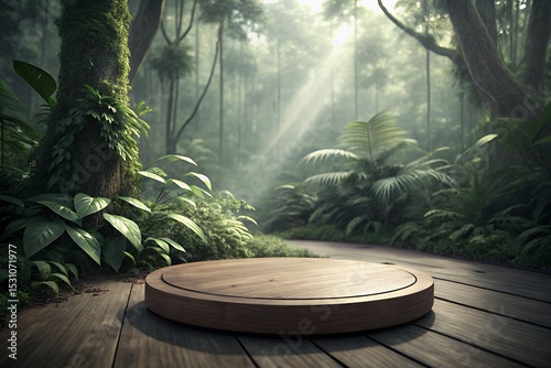 Mystical Jungle Setting Wooden Platform in Lush Rainforest