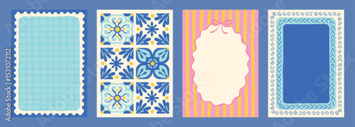 Set of vintage style decorative card frames and floral tiles in pastel colors for scrapbook, invitation or craft project. Vector illustration