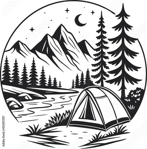 Camping River Silhouette Logo – Tent by Flowing Water with Nature and Adventure Elements for Outdoor Brands, Wilderness Exploration, and Travel Emblems