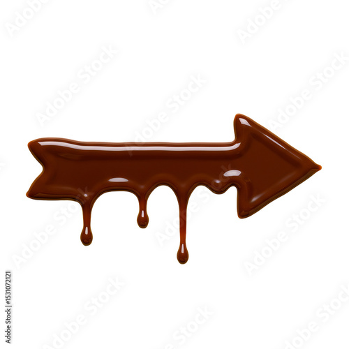 Chocolate arrow drips downward against a stark isolated background, pointing toward the right with glossy texture.