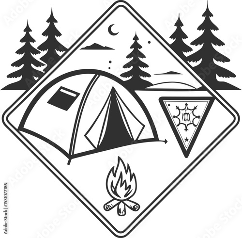 Camping Exploration Badge Design Featuring Tent, Map, and Campfire – Adventure Emblem Ideal for Outdoor Enthusiasts, Hiking Groups, Wilderness Expeditions, and Travel Branding