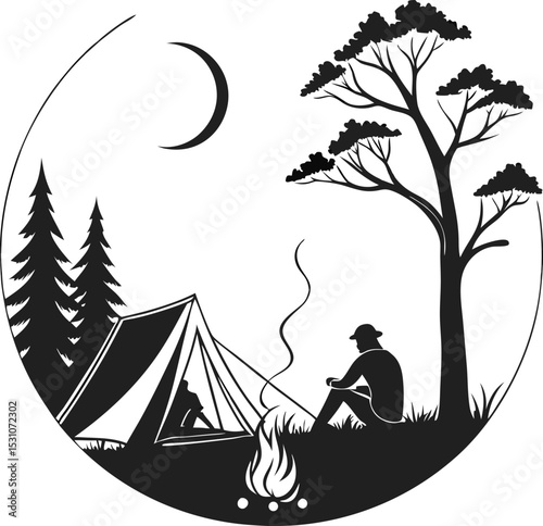 Camping Moonlight Badge Silhouette – Campers Sitting Around Campfire Under Starry Sky Emblem for Outdoor Adventure, Wilderness Retreats, and Nature Exploration Branding
