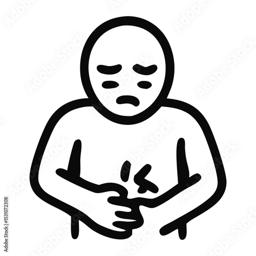 Abdominal pain: An illustrated depiction of a person experiencing acute stomach discomfort, clutching the abdomen in a universal symbol of internal suffering.