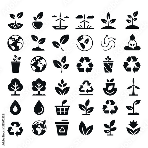 Eco-Friendly and Earth-Conscious Icon Set in Black Silhouette Style