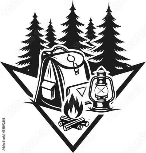 Camping Gear Silhouette Logo Featuring Backpack, Tent, and Outdoor Adventure Elements – Perfect Emblem for Hiking Brands, Travel Gear Shops, Wilderness Exploration, and Adventure Enthusiasts