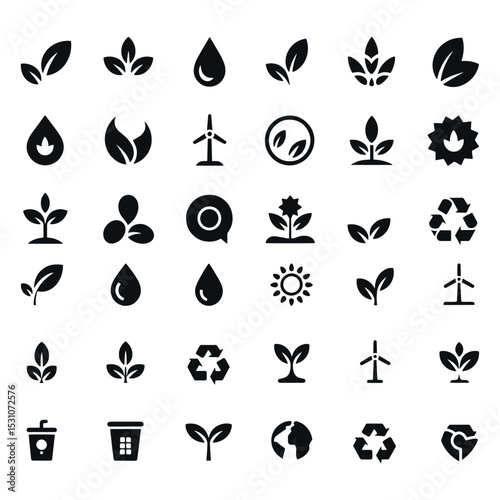 Eco-Friendly Nature and Sustainability Icons Set – Black Silhouettes on Gray Background