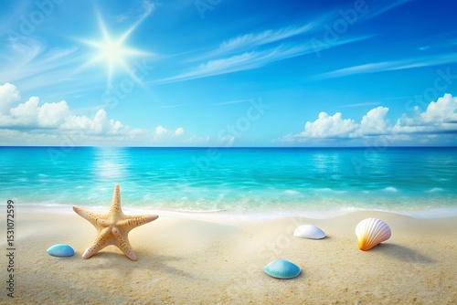Serene Beach Scene Starfish, Shells, and Azure Waters