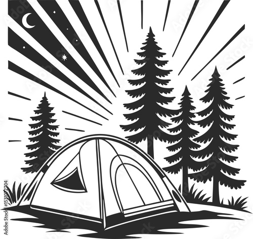 Silhouette of Campers Under the Northern Lights – Dramatic Night Scene with Aurora Borealis, Forest Horizon, and Starry Sky for Adventure Illustrations, Nature Logos, and Wilderness Artwork