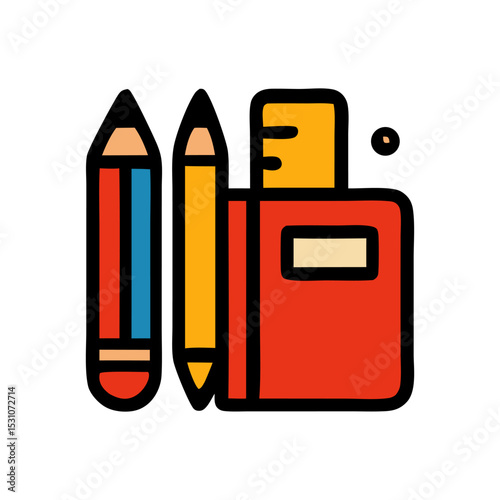 Stationery Set: A vibrant illustration of a red notebook, two pencils, and a ruler.  Perfect for back-to-school, education, or office supplies themes. 
