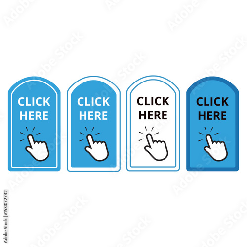 White and blue click here button with a hand clicking on a white background