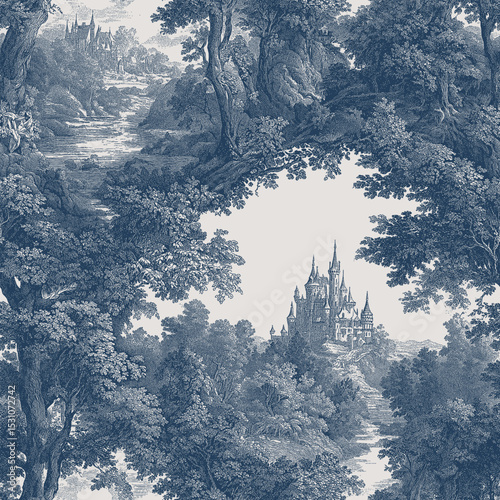 Seamless vector pattern with castles, hills, forests and plains. Traditional old European landscape scene. Vintage engraving style illustration.