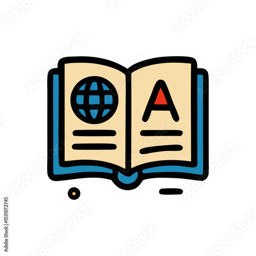 Open book: an open book with world icon on the left page and A on right page, representing knowledge and global concepts, creating a welcoming educational and conceptual design.