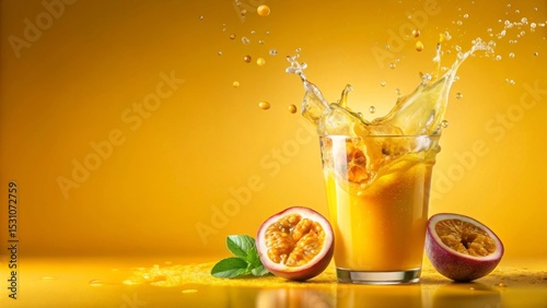 Refreshing Passion Fruit Juice Splash in Glass with Halved Fruit on Yellow Background