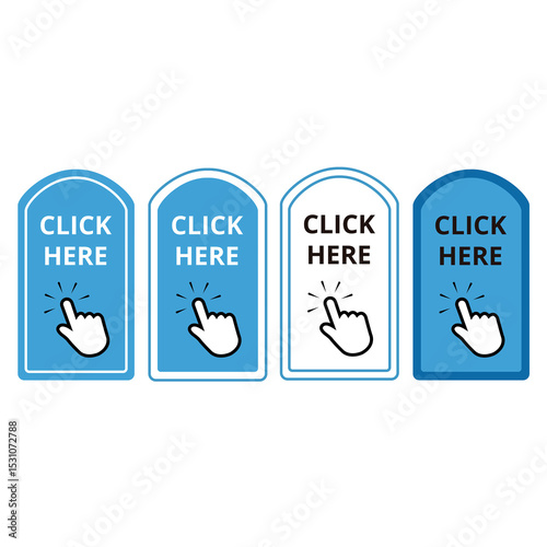 White and blue click here button with a hand clicking on a white background