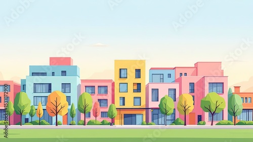 Cartoon Cityscape View with Colorful Building and Nature Background