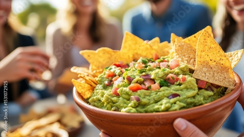 Enjoying fresh guacamole with tortilla chips at a sunny outdoor gathering in early afternoon