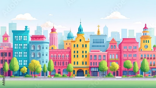 A Colorful Cityscape Featuring Buildings Towers and Greenery In Urban Area