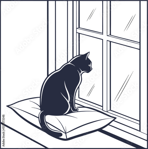Silhouette of a Cat Curled Up on a Window Sill Pillow – Cozy and Serene Design Perfect for Pet Brands, Home Decor, and Relaxation