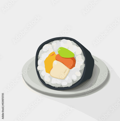 Delicious sushi roll with colorful fillings on a plate against a clean white background