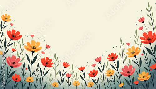 Beautiful floral background with red, yellow, and pink flowers on a light background and copy space
