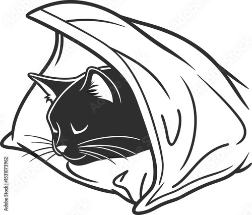 Silhouette of a Cat Snuggling Under a Blanket on a Pillow – Warm and Peaceful Design Perfect for Pet Brands, Comfort-Themed Projects, and Cozy Home Decor