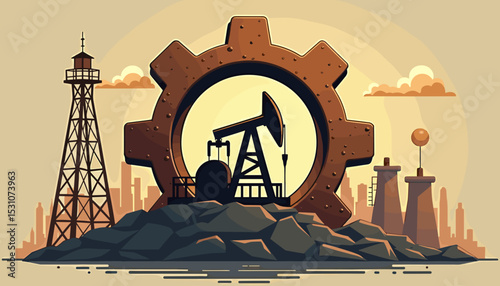 Industrial oil drilling scene with a gear silhouette and oil pump jack against a sunset background