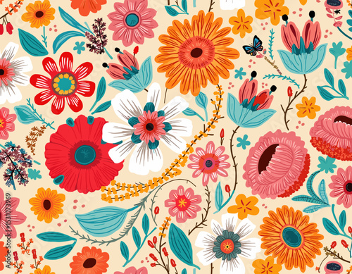 Colorful floral pattern illustration with various flowers and leaves on a beige background