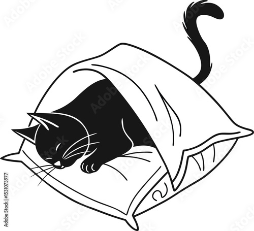Silhouette of a Cat Snuggling Under a Blanket on a Pillow – Adorable and Comforting Design Perfect for Pet Brands, Cozy Home Decor, and Relaxation-Themed Projects