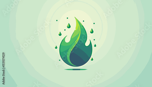 Green flame logo design with droplets on light background, representing eco-friendly energy 