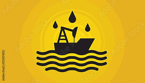 Black oil extraction ship silhouette on yellow background with water waves and droplets