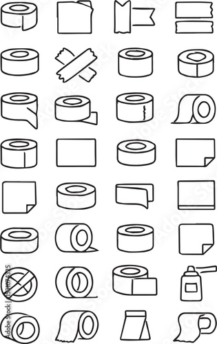 Set of 40 line icons related to duct tape, adhesive, sticker, glue, rolled up, sticky, tape, Editable stroke. Vector illustration