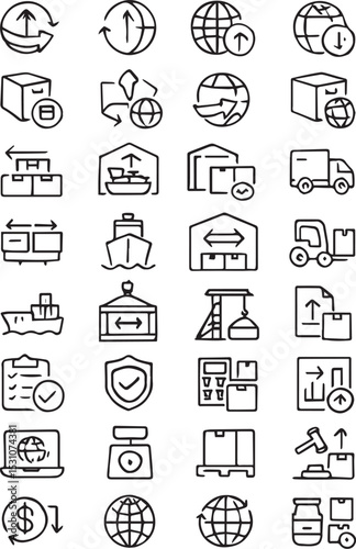 Set of 40 line icons related to import and export, international, trading, global, product, worldwide, package, container, harbor, shipment, Editable stroke. Vector illustration