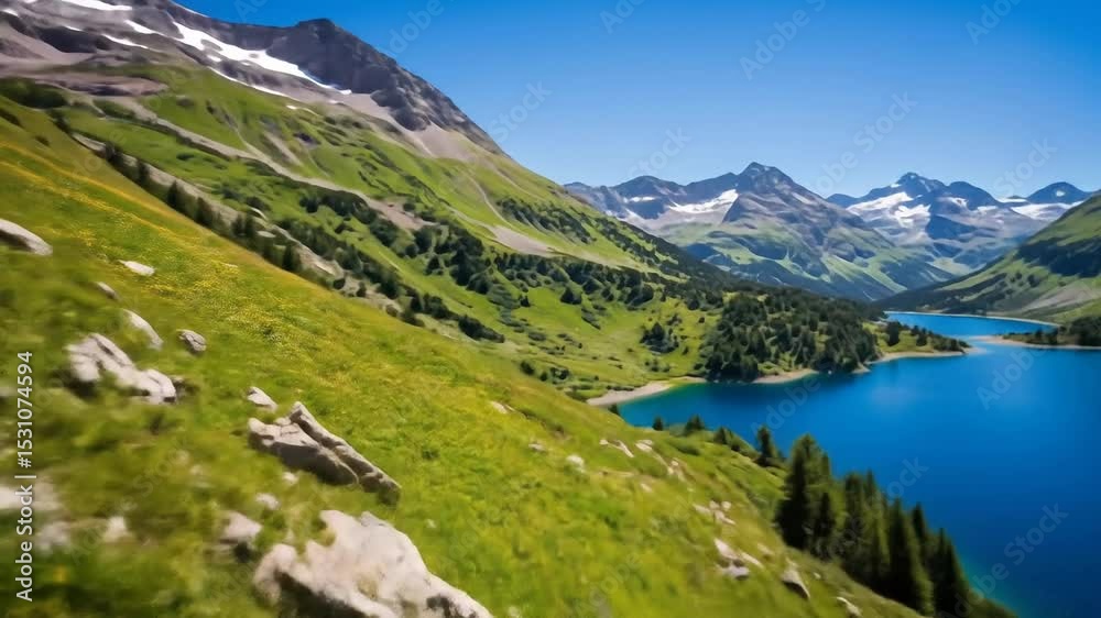 Stunning alpine lake view from high vantage point with snow covered mountains